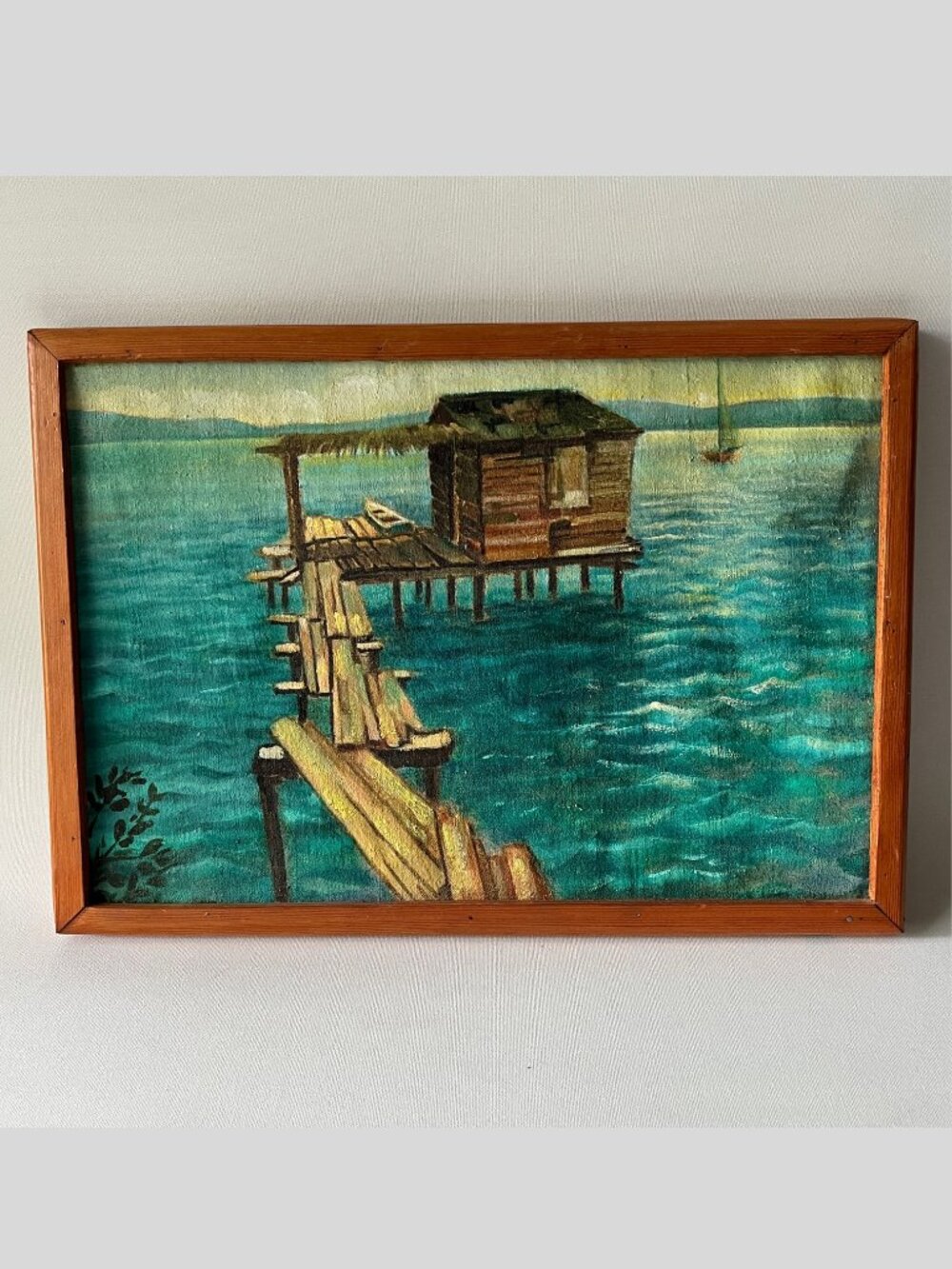 Vtg Mid Century Original Painting Rustic Boathouse Pier Turquoise Water Framed
